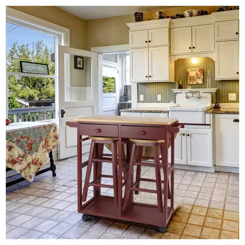 Breakfast Cart with Drop Leaf Table & Stool Set - Flora Home