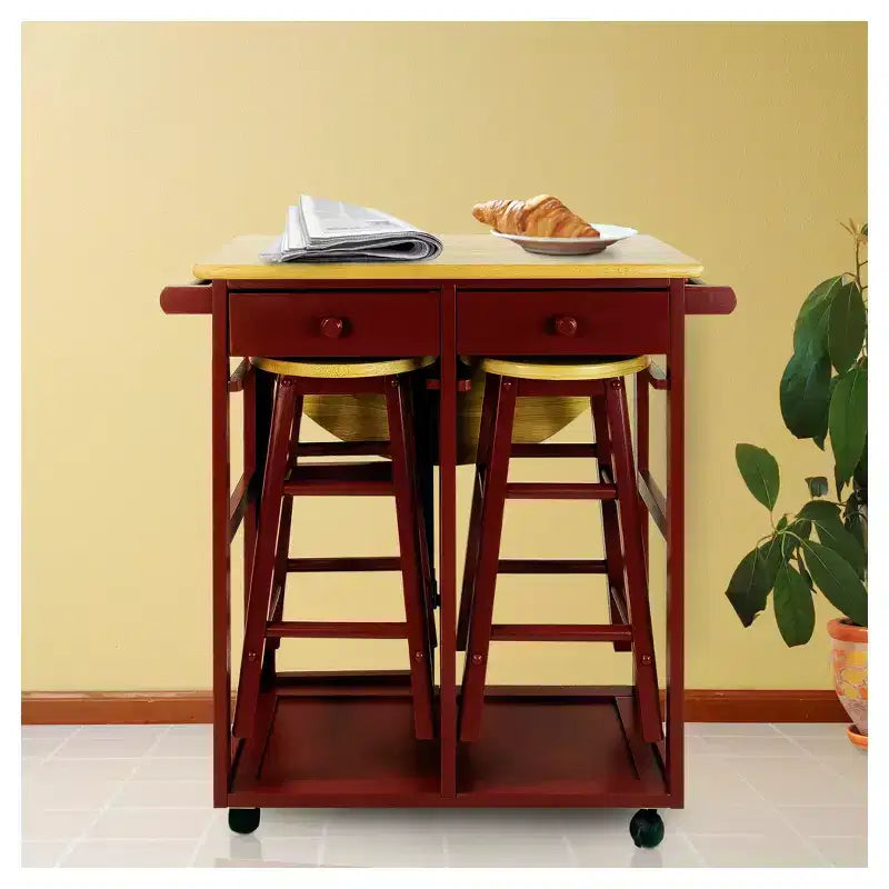 Breakfast Cart with Drop Leaf Table & Stool Set - Flora Home