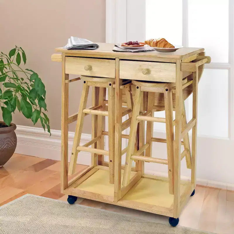 Breakfast Cart with Drop Leaf Table & Stool Set - Flora Home