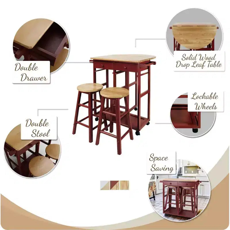 Breakfast Cart with Drop Leaf Table & Stool Set - Flora Home