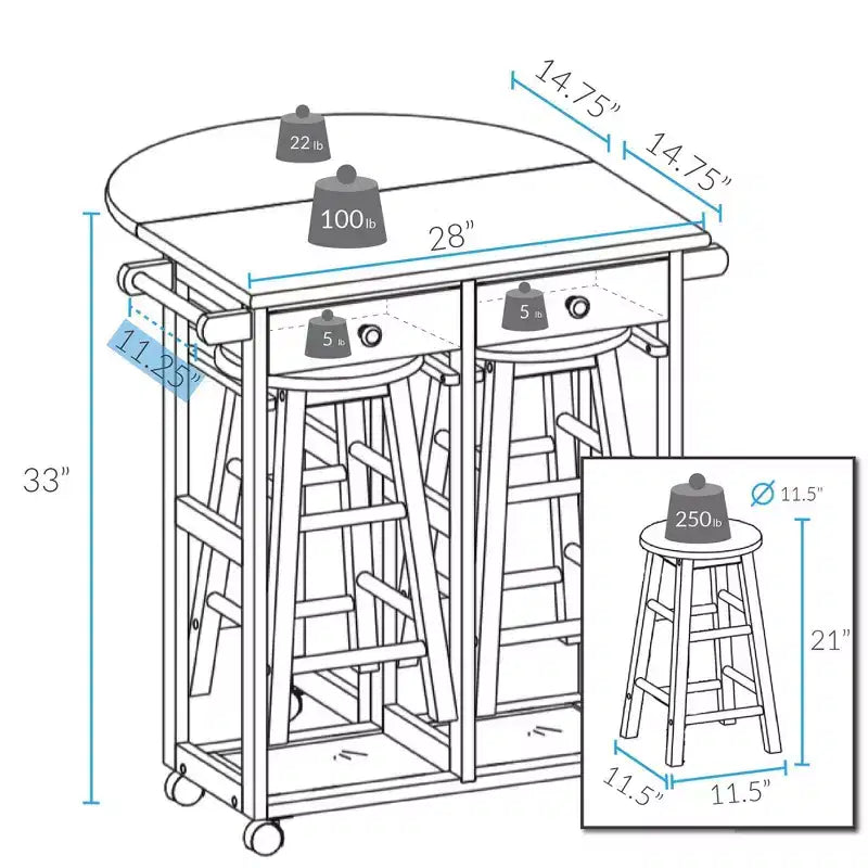 Breakfast Cart with Drop Leaf Table & Stool Set - Flora Home