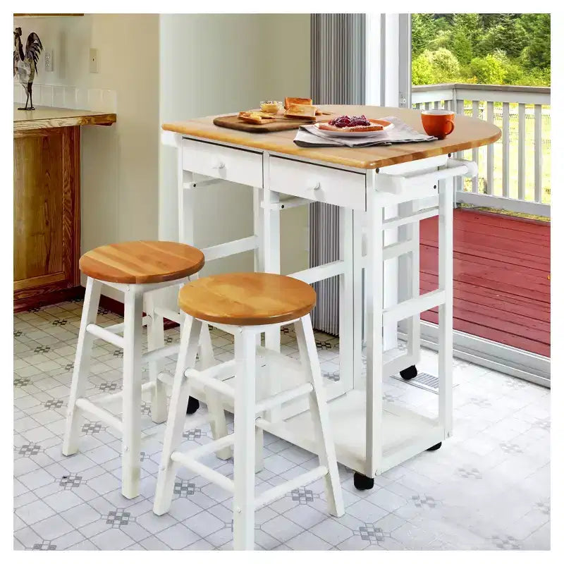 Breakfast Cart with Drop Leaf Table & Stool Set - Flora Home