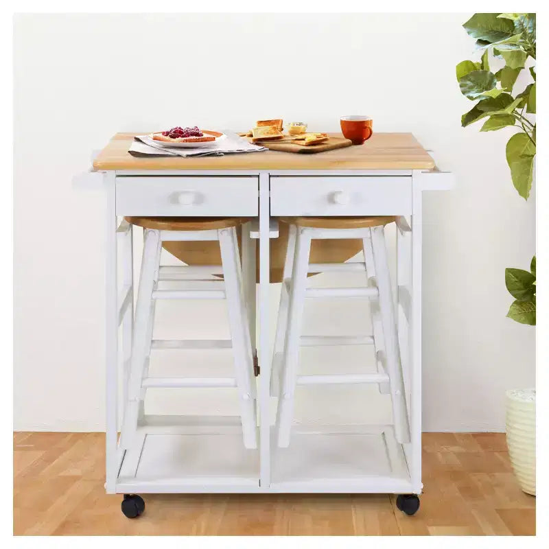 Breakfast Cart with Drop Leaf Table & Stool Set - Flora Home