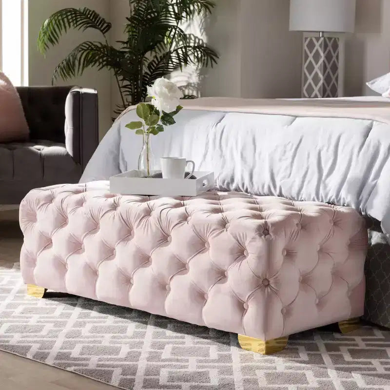 Avara Velvet Button Tufted Bench Ottoman - Baxton Studio