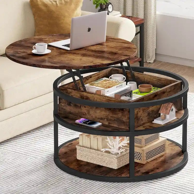 Moasis Farmhouse Lift Top Round Coffee Table with Hidden Storage and Shelf