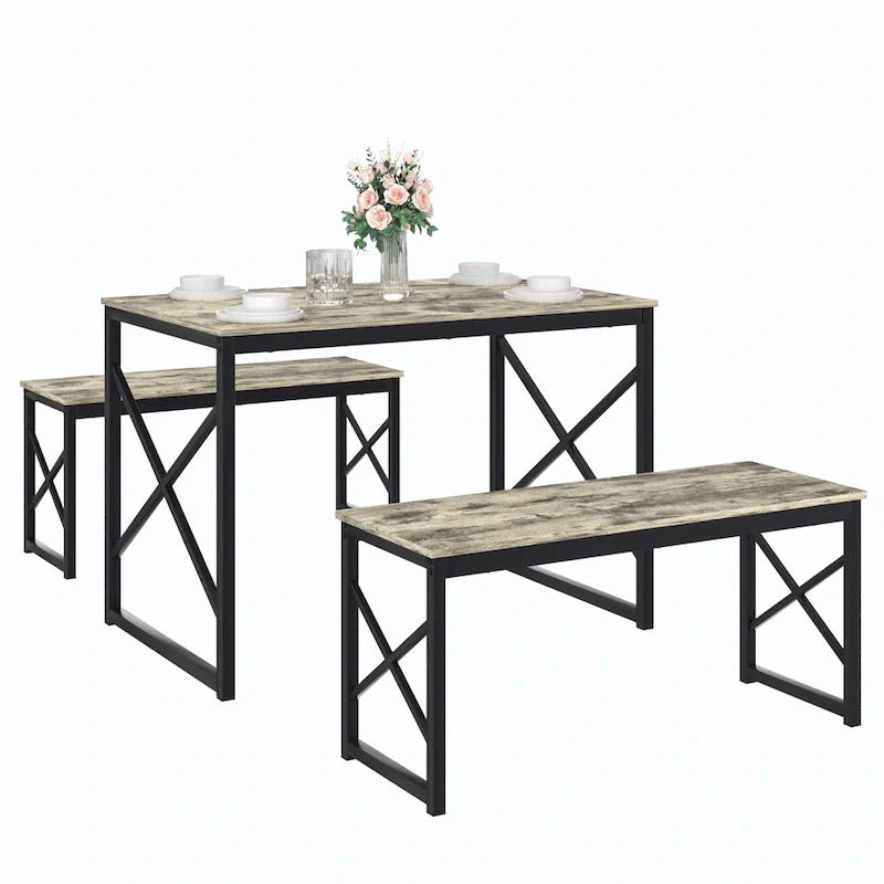 Table à manger 3 pièces VECELO avec banc, ensemble de table de salle à manger pour 4-6 personnes, table de cuisine avec 2 bancs, ensemble de table à manger