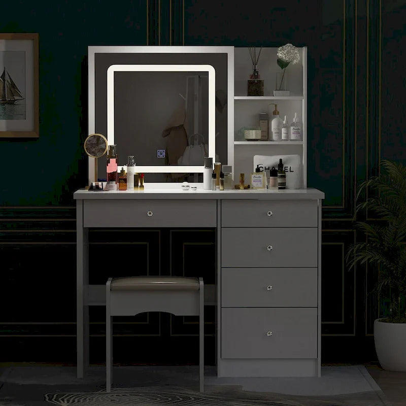White Makeup Vanity Set with LED Mirror and Stool - 39.4 Wide