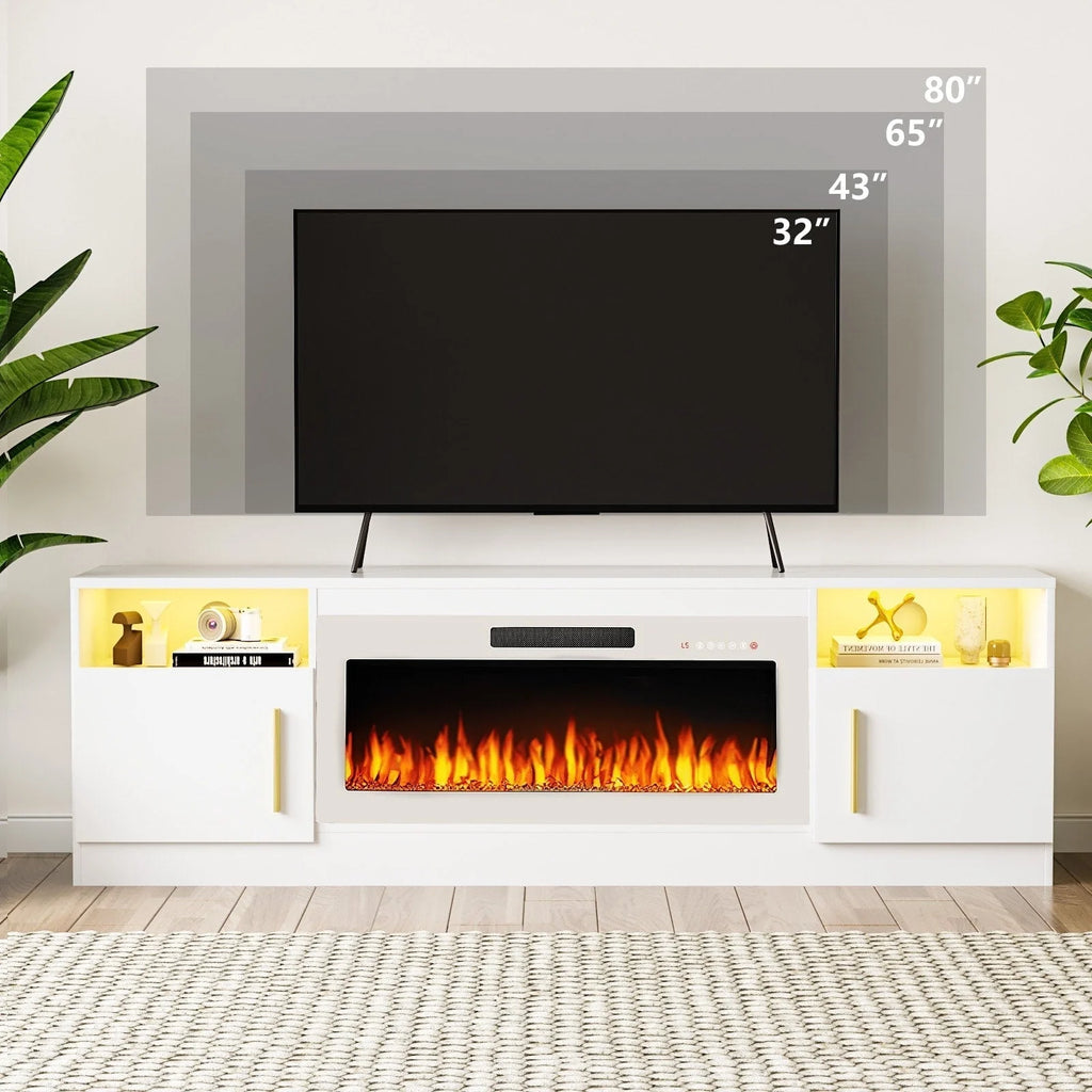 Meuble TV cheminée Bossin 70 avec cheminée électrique 36, meuble TV pour téléviseurs jusqu'à 80 pouces, lumières LED 16 couleurs/centre de divertissement
