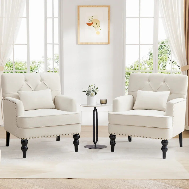 Set of 2 Arm Chair Upholstered Button Tufted Accent Chair with Lumbar Pillow Beige/ Grey/ Light Blue