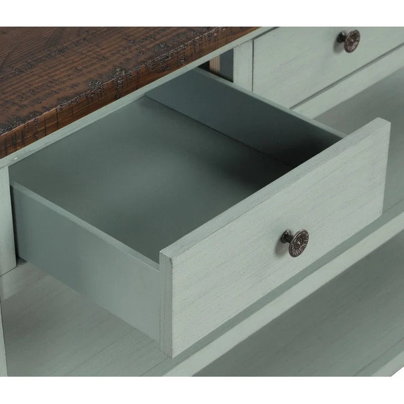 Console en bois avec 3 tiroirs de rangement et 2 étagères