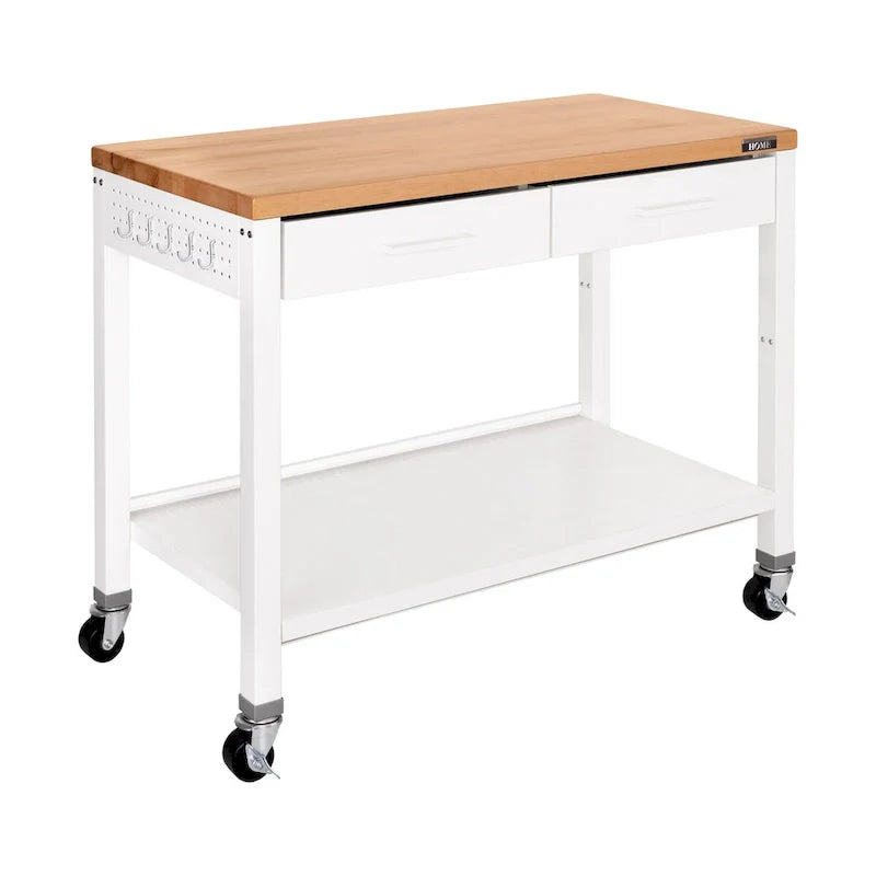 HOME Work Center Island Table with Solid Wood Top, 48 W x 24 D x 36 H, White