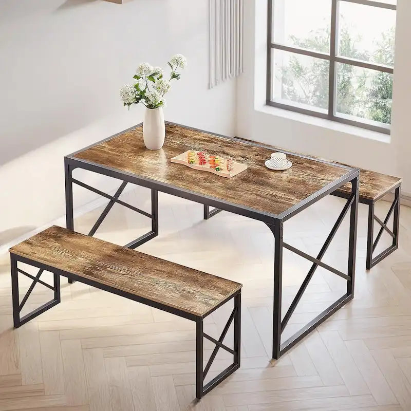 Table à manger 3 pièces VECELO avec banc, ensemble de table de salle à manger pour 4-6 personnes, table de cuisine avec 2 bancs, ensemble de table à manger