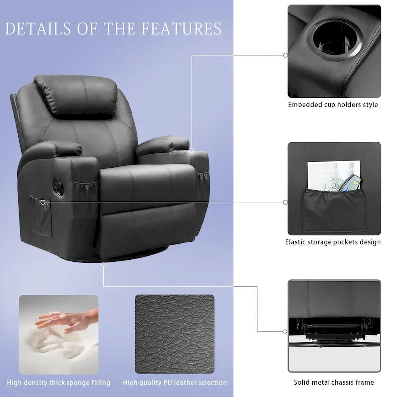 Massage Recliner Chair Swivel Heating Faux Leather Living Room Chair