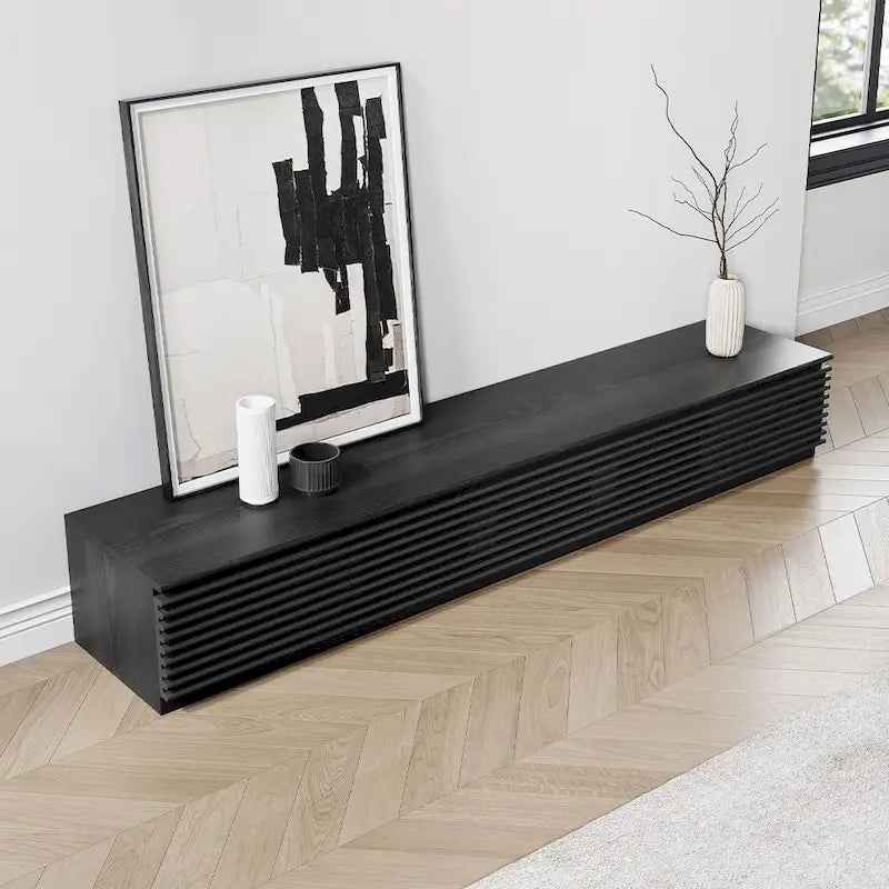 Minimalist TV Stand with DrawersSolid Wood Media Console with Cabinets, Flip-down Door, Walnut Veneer, Fully-Assembled