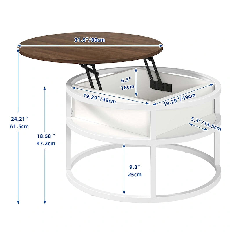 Moasis Farmhouse Lift Top Round Coffee Table with Hidden Storage and Shelf