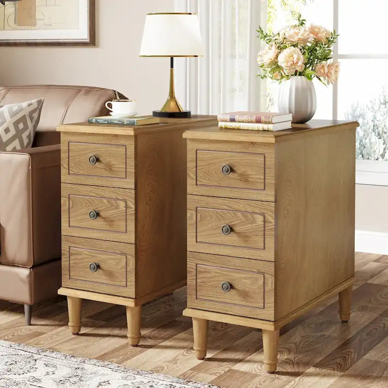 Fully Assembled Narrow End Table, Solid Wood Side Table with 3 Drawers, Vintage Nightstand Slim Bedside Table for Small Spaces