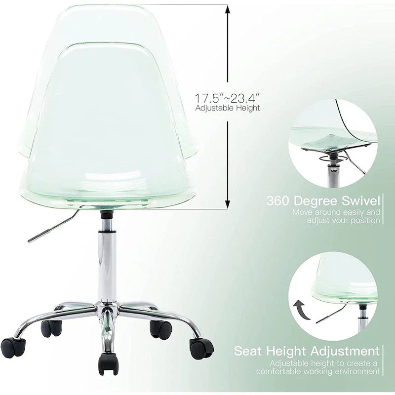 Chaise de bureau à roulettes sans accoudoirs, réglable en hauteur, en acrylique pivotant