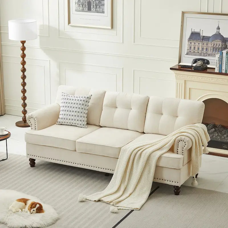 Set of 3 Chenille Sofa Set for Living Room, Button-Tufted & Nailhead Upholstery, Solid Rubberwood Legs