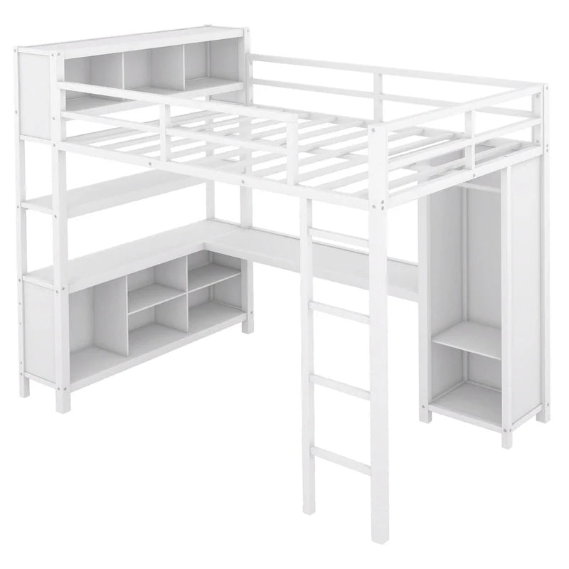 Lit mezzanine en métal blanc cassé avec bureau et armoire - Grand lit