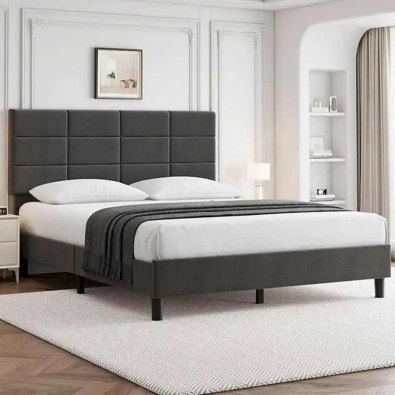 Linen Upholstered Bed Frame with Wooden Slats Support