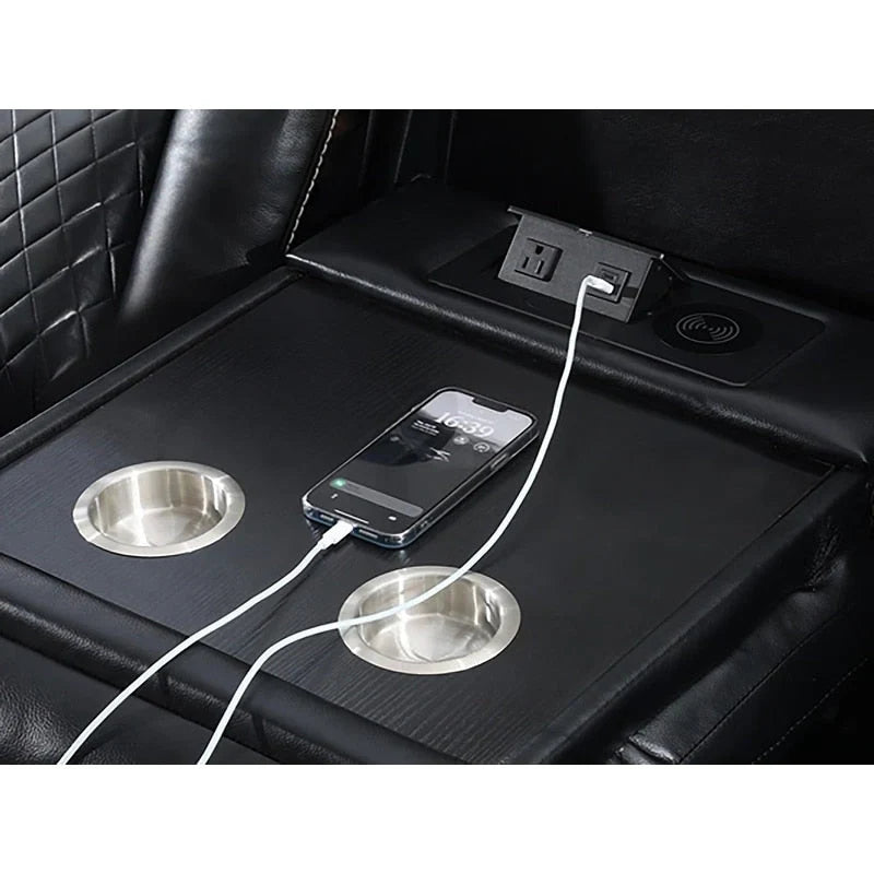 Power Reclining Sofa with Wireless Charger,Reading Light for Living Room,Faux Leather LED Light,AC/USB Port,Cup Holder,Black