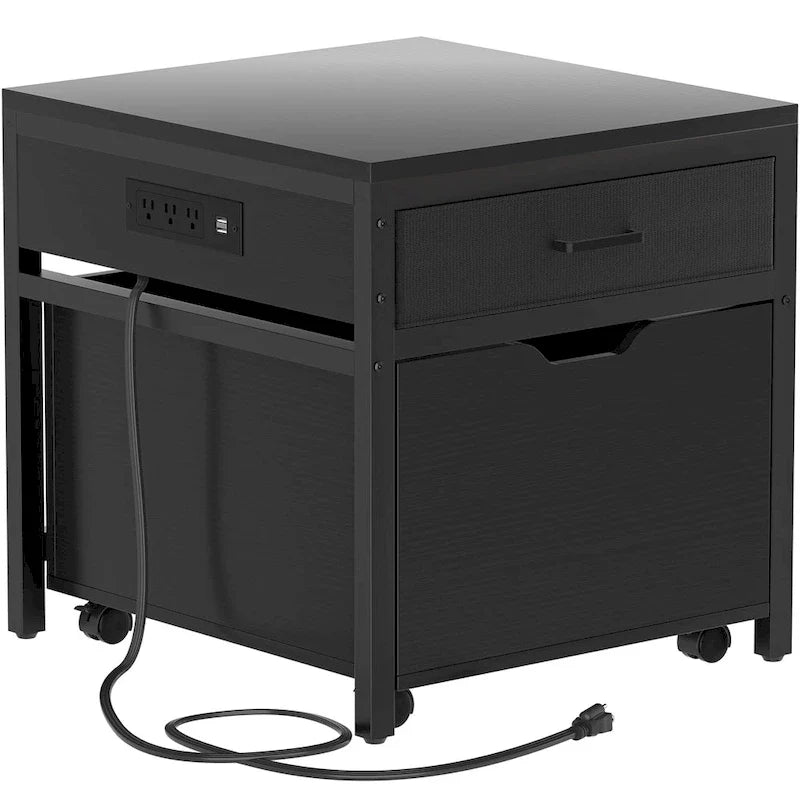 Mini Fridge Stand with Charge Station, Side/ End Table with Storage Drawers and Rolling Cabinet