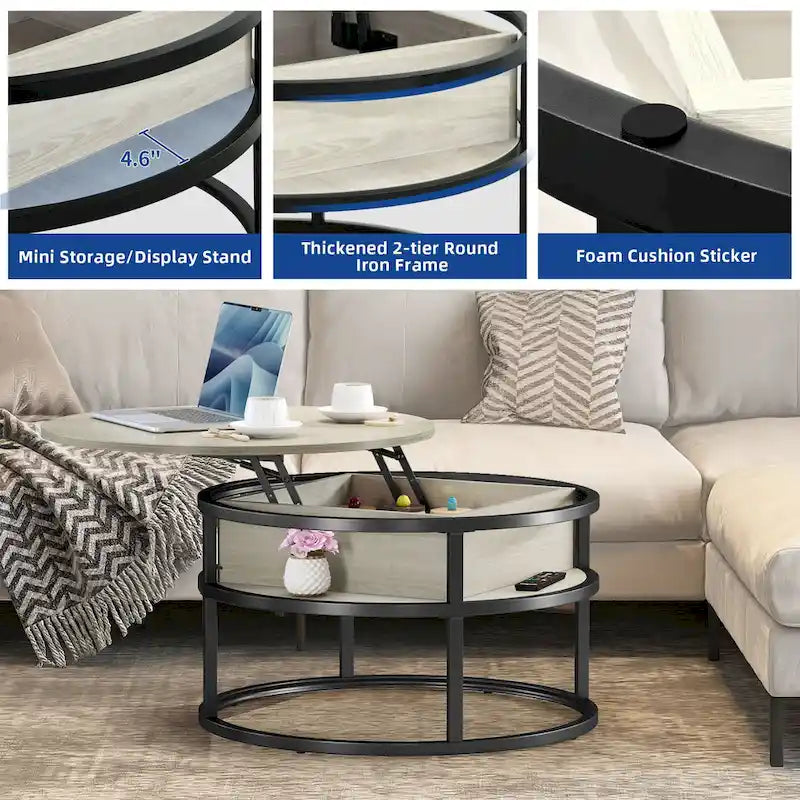Moasis Farmhouse Lift Top Round Coffee Table with Hidden Storage and Shelf