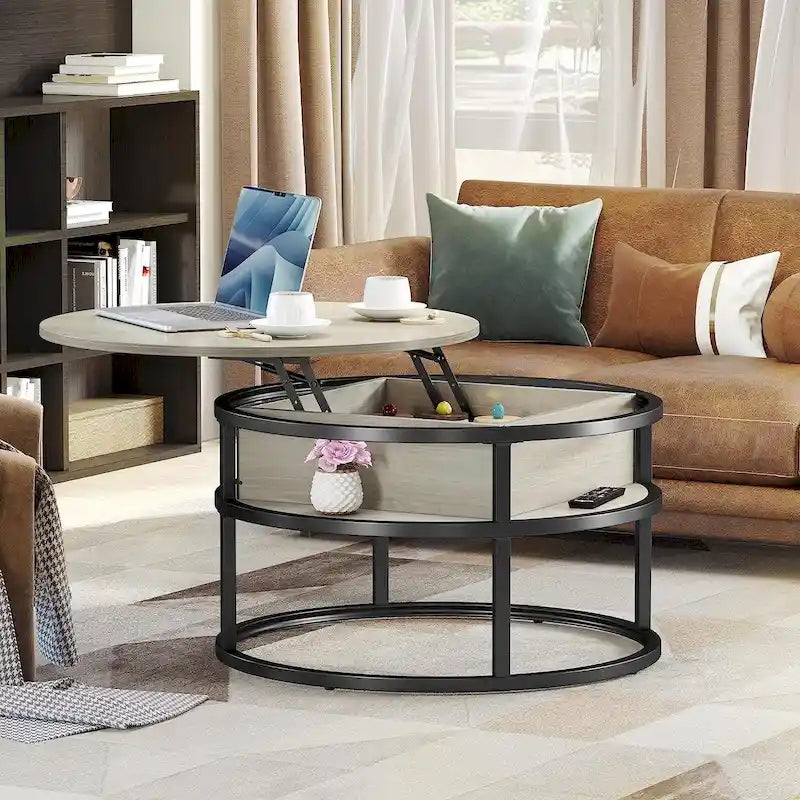 Moasis Farmhouse Lift Top Round Coffee Table with Hidden Storage and Shelf