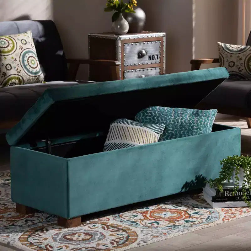 Roanoke Velvet Upholstered Grid Tufted Storage Ottoman Bench - Baxton Studio