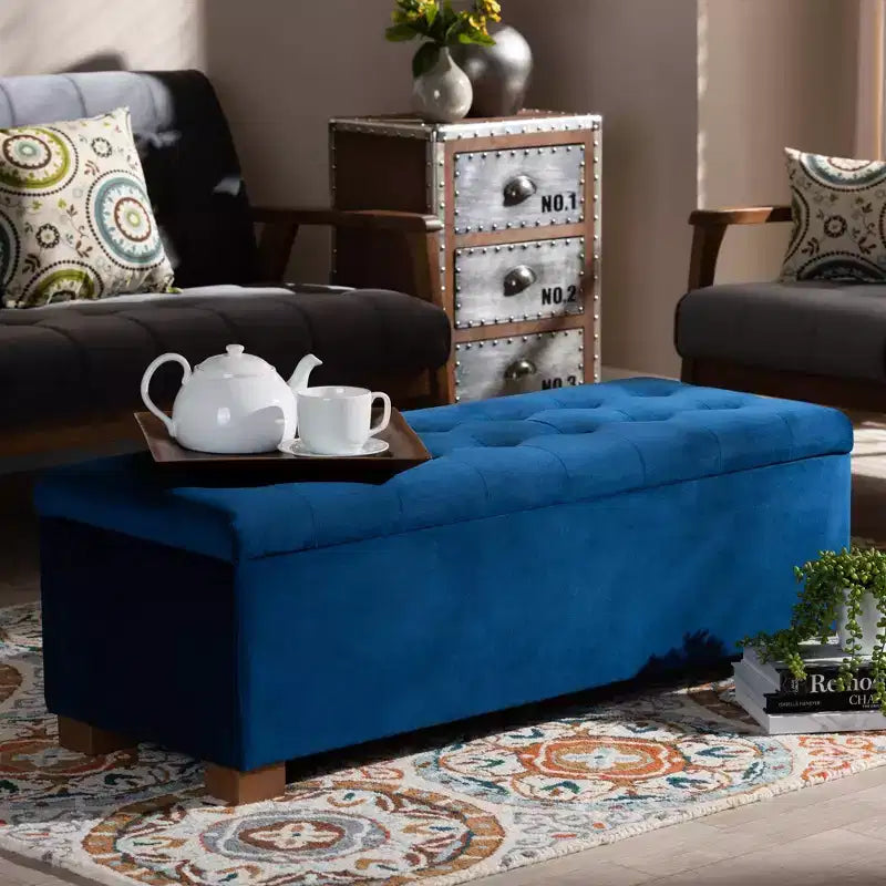 Roanoke Velvet Upholstered Grid Tufted Storage Ottoman Bench - Baxton Studio