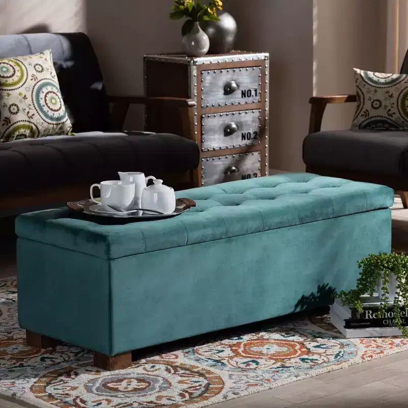 Roanoke Velvet Upholstered Grid Tufted Storage Ottoman Bench - Baxton Studio