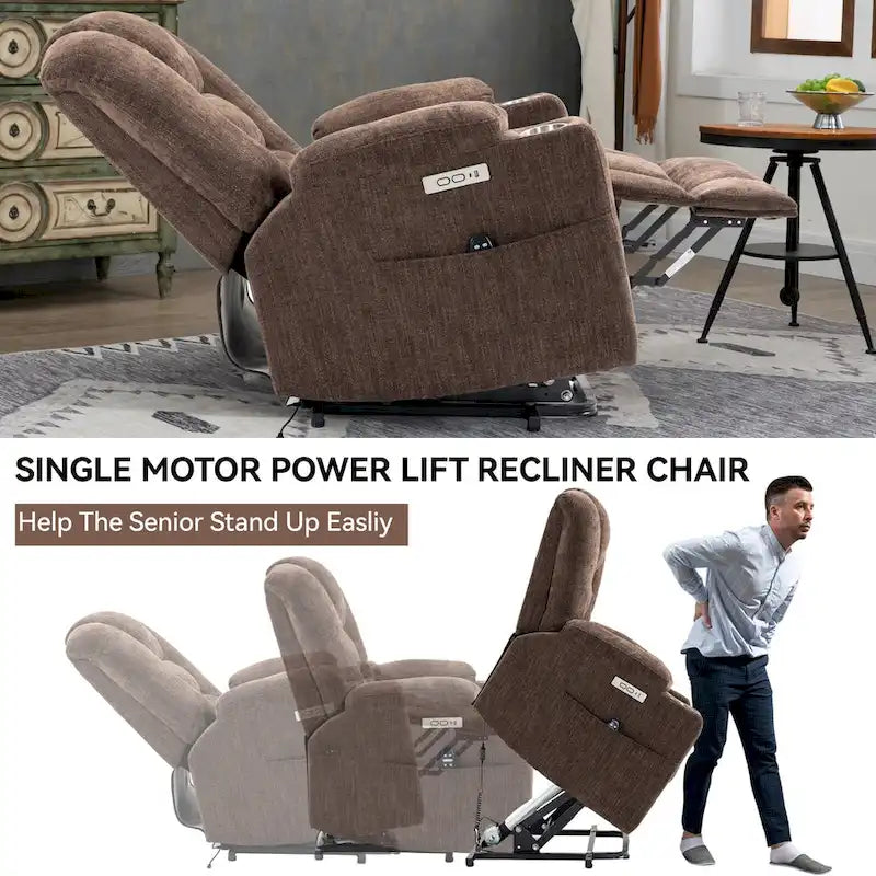 Power Lift Recliner Chair with Massage and Heat, Lazy Boy Overstuffed Wide Recliners w/USB, Type C Ports & 2 Steel Cup Holders