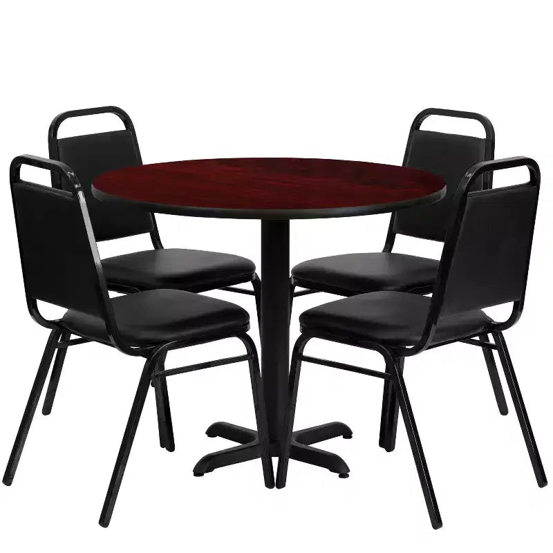 Flash Furniture 36'' Round Laminate Table Set with X-Base and 4 Trapezoidal Back Banquet Chairs