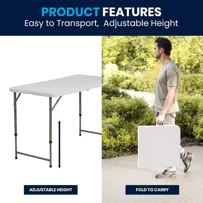 Flash Furniture Elon 4-Foot Height Adjustable Bi-Fold Granite White Plastic Folding Table