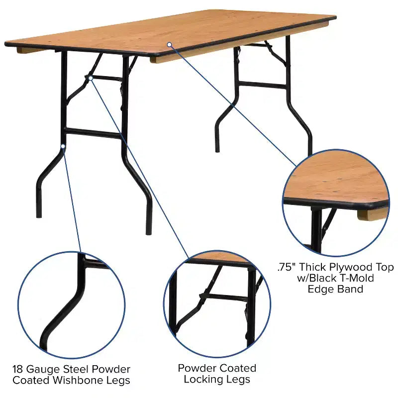 Flash Furniture 6-Foot Rectangular Wood Folding Banquet Table with Clear Coated Finished Top