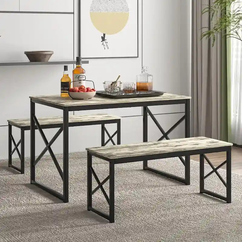 Table à manger 3 pièces VECELO avec banc, ensemble de table de salle à manger pour 4-6 personnes, table de cuisine avec 2 bancs, ensemble de table à manger