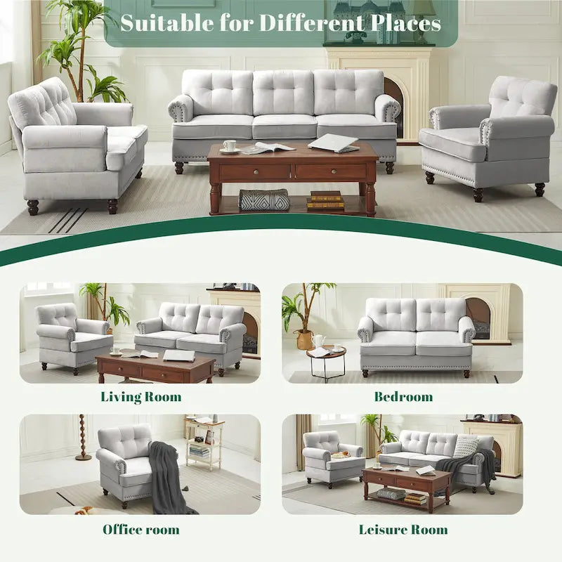 Set of 3 Chenille Sofa Set for Living Room, Button-Tufted & Nailhead Upholstery, Solid Rubberwood Legs