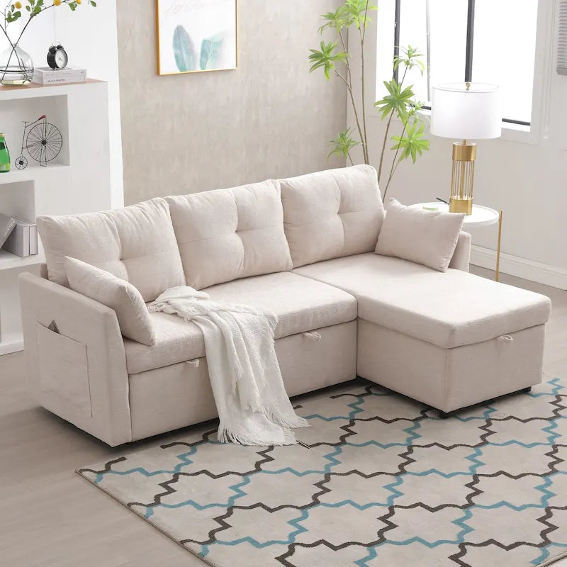 Corduroy/Chenille Upholstered L-Shaped Storage Reversible Chaise Sectional Sofa with Side Pocket