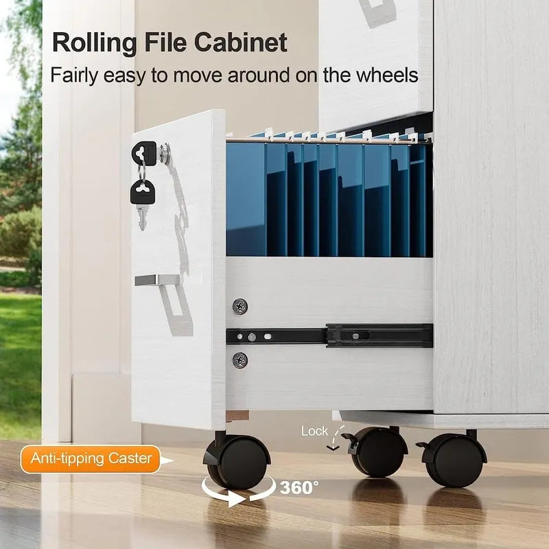 2-Drawer Rolling Wood File Cabinet with Lock