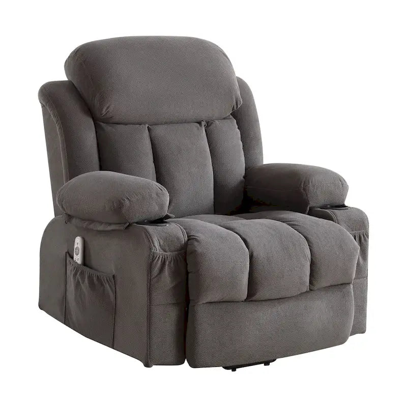 Grey Power Lift Recliner with Heated Massage, USB Charging, Remote Control, and Convenient Side Pockets for Seniors