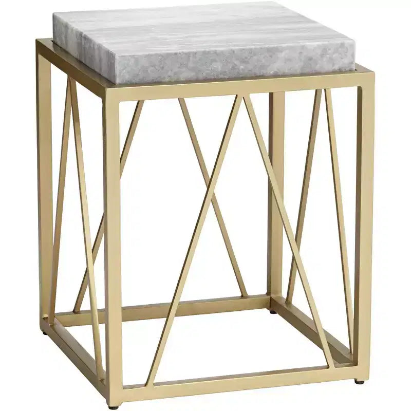 Coast to Coast Accents Modern Gold Powder-Coated Square Accent Table 15 1/2 White Gray Marble Tabletop Open Cage for Living Room