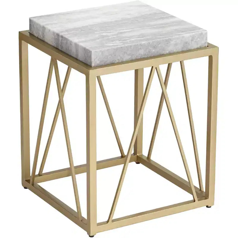 Coast to Coast Accents Modern Gold Powder-Coated Square Accent Table 15 1/2 White Gray Marble Tabletop Open Cage for Living Room