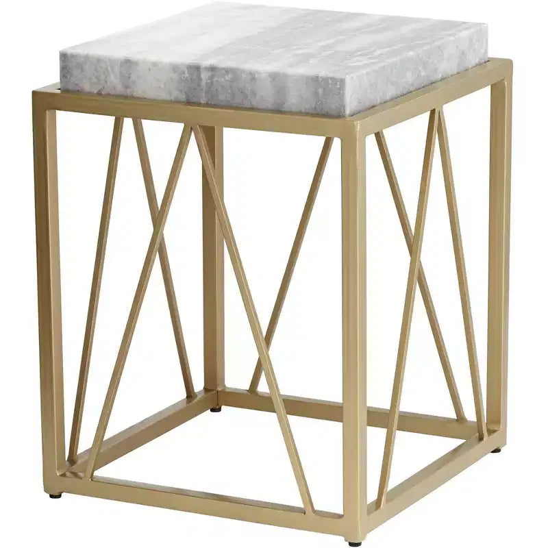 Coast to Coast Accents Modern Gold Powder-Coated Square Accent Table 15 1/2 White Gray Marble Tabletop Open Cage for Living Room