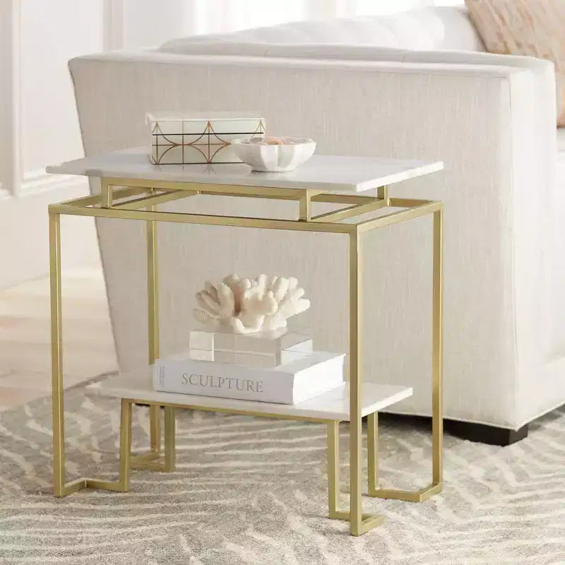 Coast to Coast Accents Modern Burnished Gold Rectangular Accent Table 24 x 14 White Marble Tabletop with Shelf for Living Room