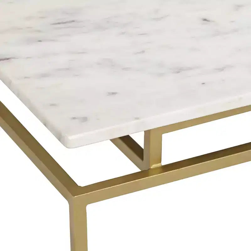 Coast to Coast Accents Modern Burnished Gold Rectangular Accent Table 24 x 14 White Marble Tabletop with Shelf for Living Room