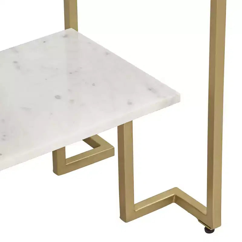 Coast to Coast Accents Modern Burnished Gold Rectangular Accent Table 24 x 14 White Marble Tabletop with Shelf for Living Room