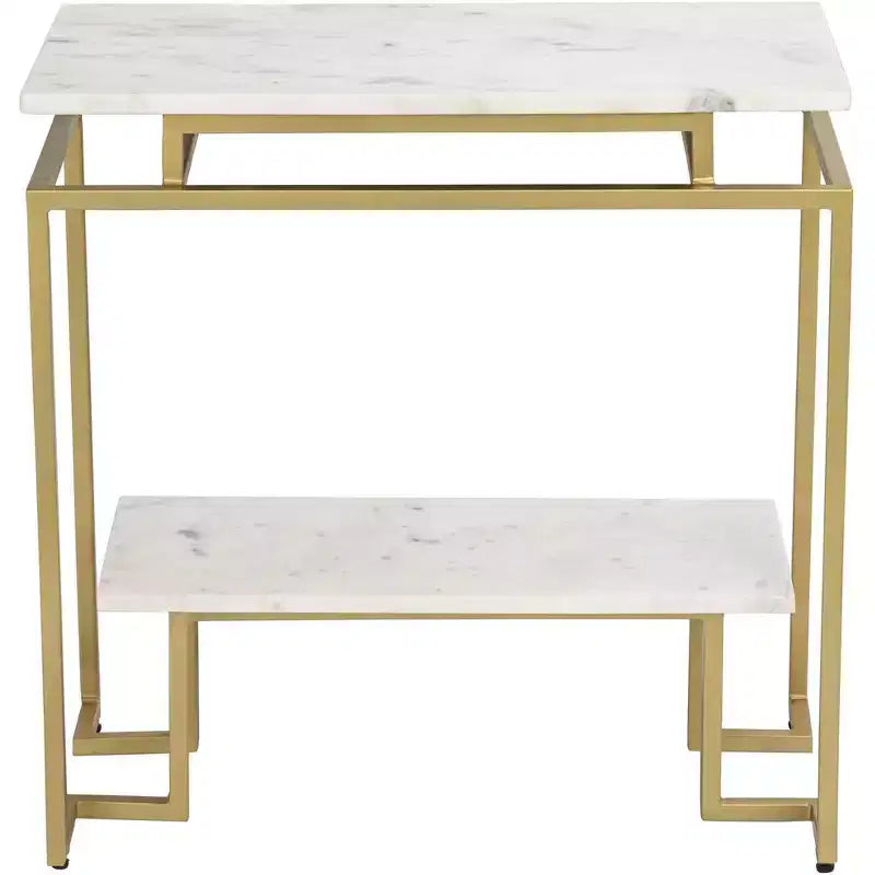Coast to Coast Accents Modern Burnished Gold Rectangular Accent Table 24 x 14 White Marble Tabletop with Shelf for Living Room