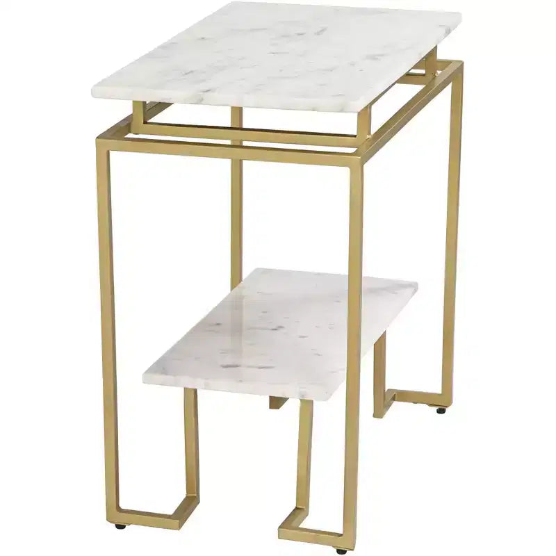 Coast to Coast Accents Modern Burnished Gold Rectangular Accent Table 24 x 14 White Marble Tabletop with Shelf for Living Room