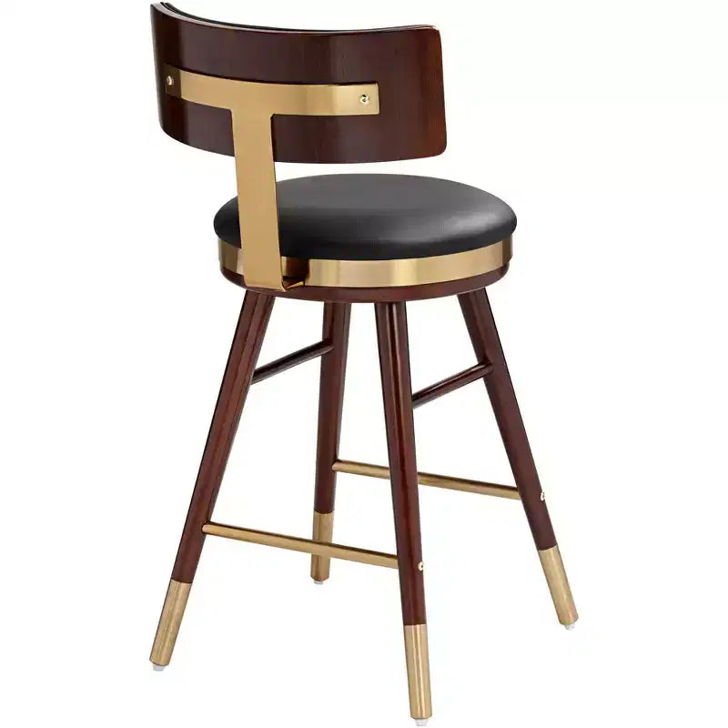 Studio 55D Walnut Bar Stool Brown 25 1/2 High Mid Century Black Leather with Backrest for Kitchen Counter Height Island