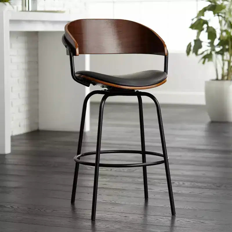 Elm Lane Larsen Black Swivel Bar Stool 26 High Mid Century Modern Faux Leather Cushion with Walnut Backrest Footrest for Kitchen Counter Height Home